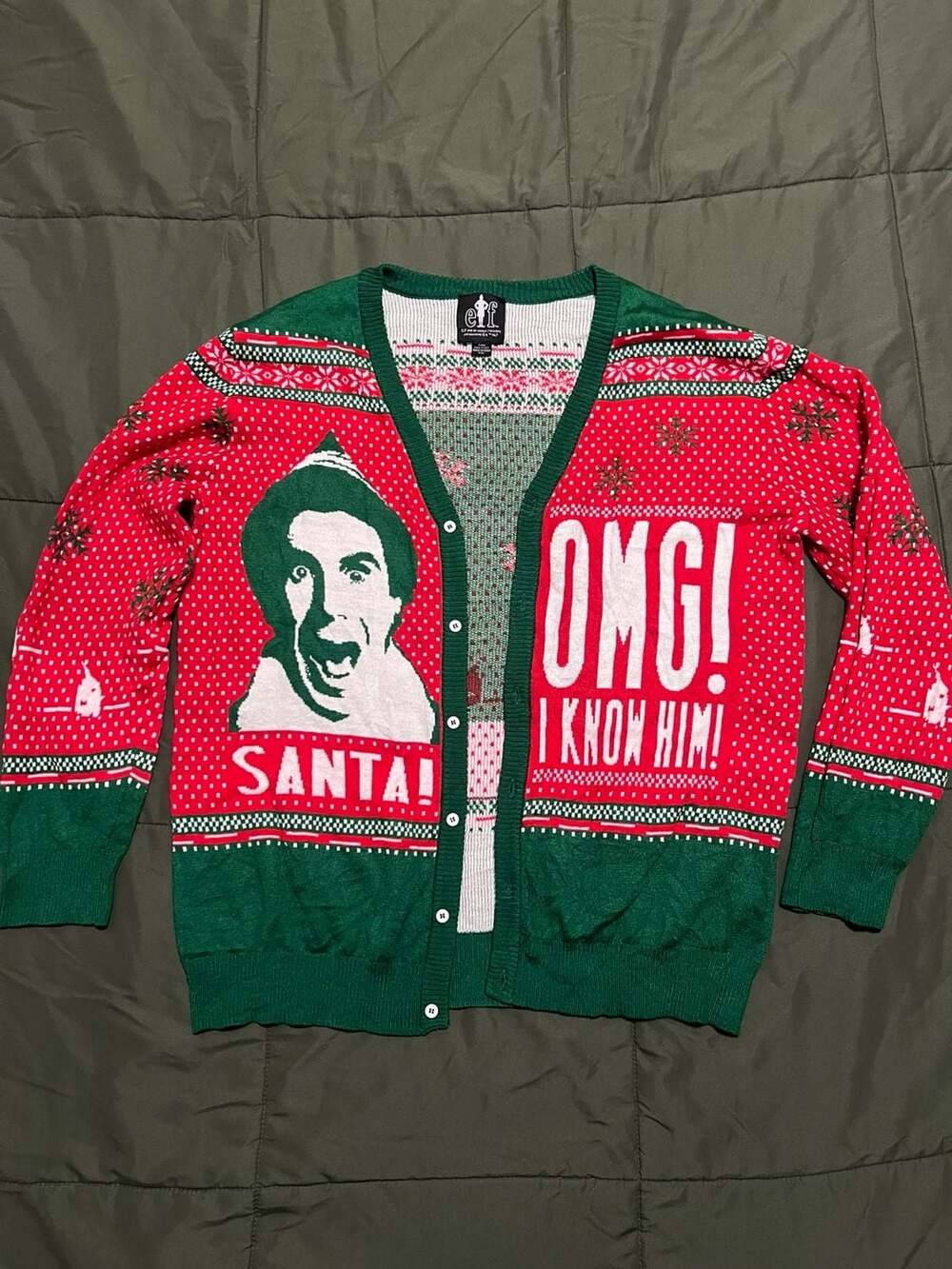 A-Elf Men's OMG! Santa! I Know Him! Christmas Cardigan Sweater Red/Green (XXL)